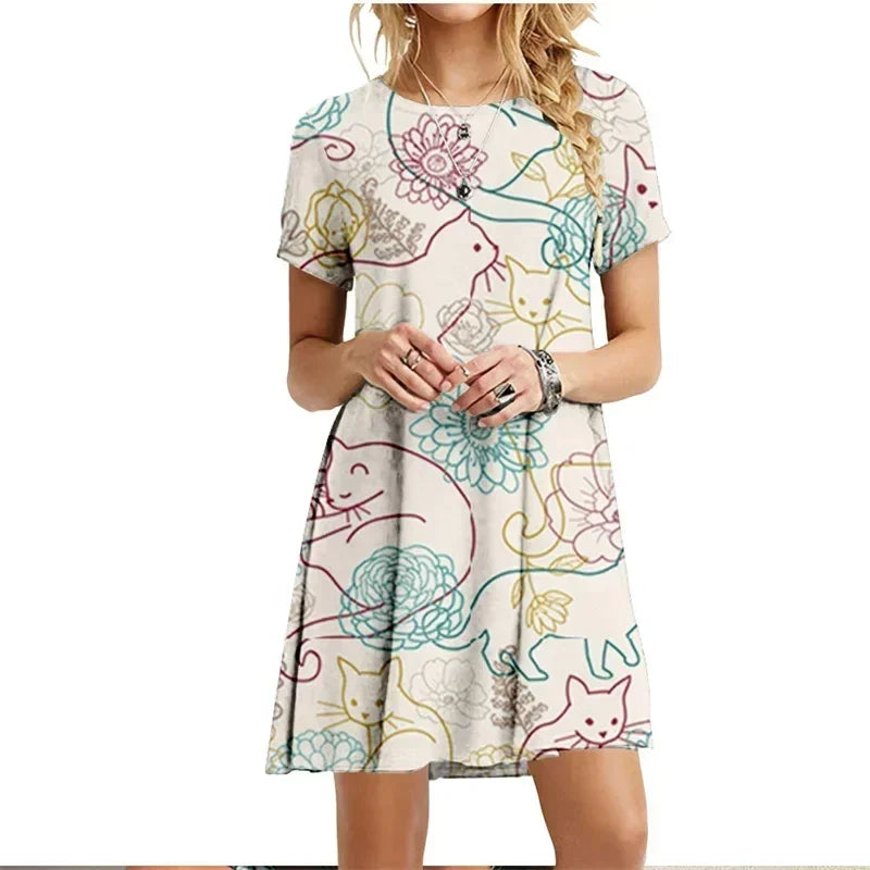 Painted Patters Cats Print Dress Short Sleeve Kawaii Women Dresses Summer For 2022 Fashion O-Neck Street Casual Loose Clothing