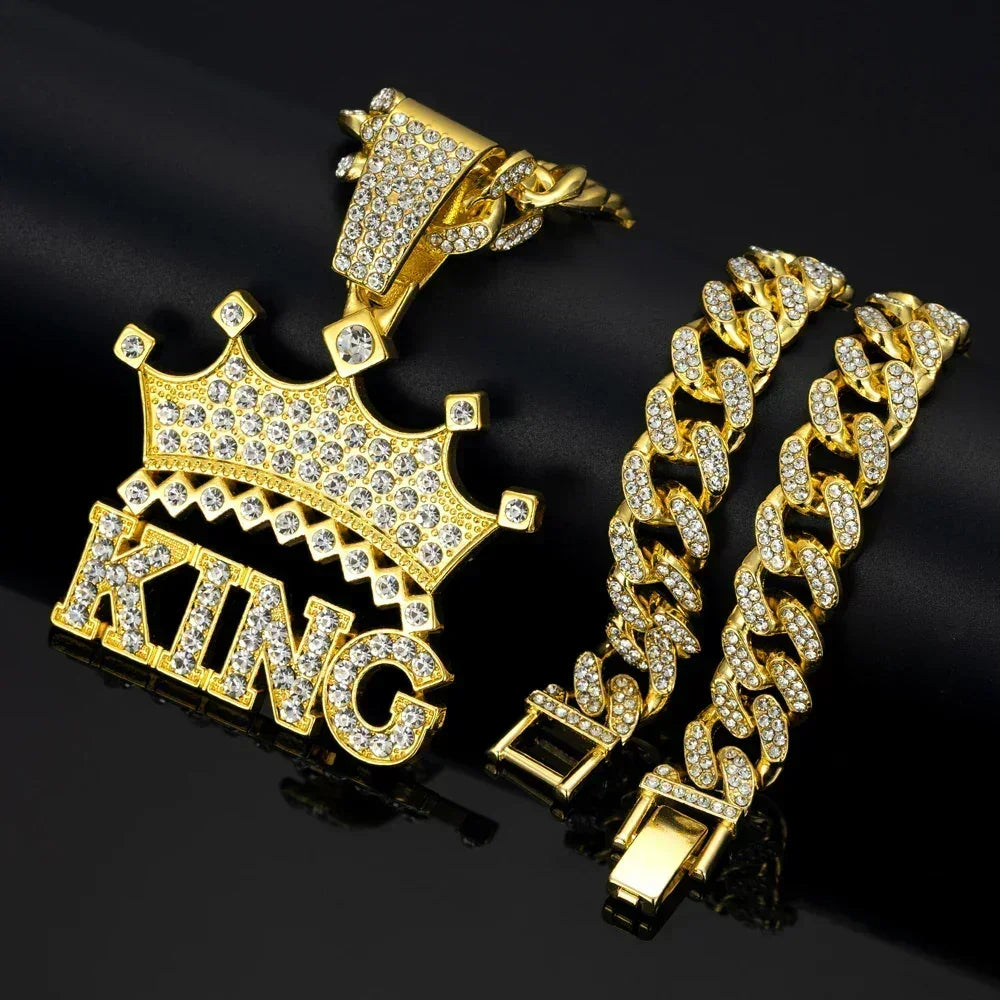 Men Hip Hop Crown with King Pendant Necklace with 13mm Crystal Cuban Chain HipHop Iced Out Bling Necklaces Fashion Charm Jewelry