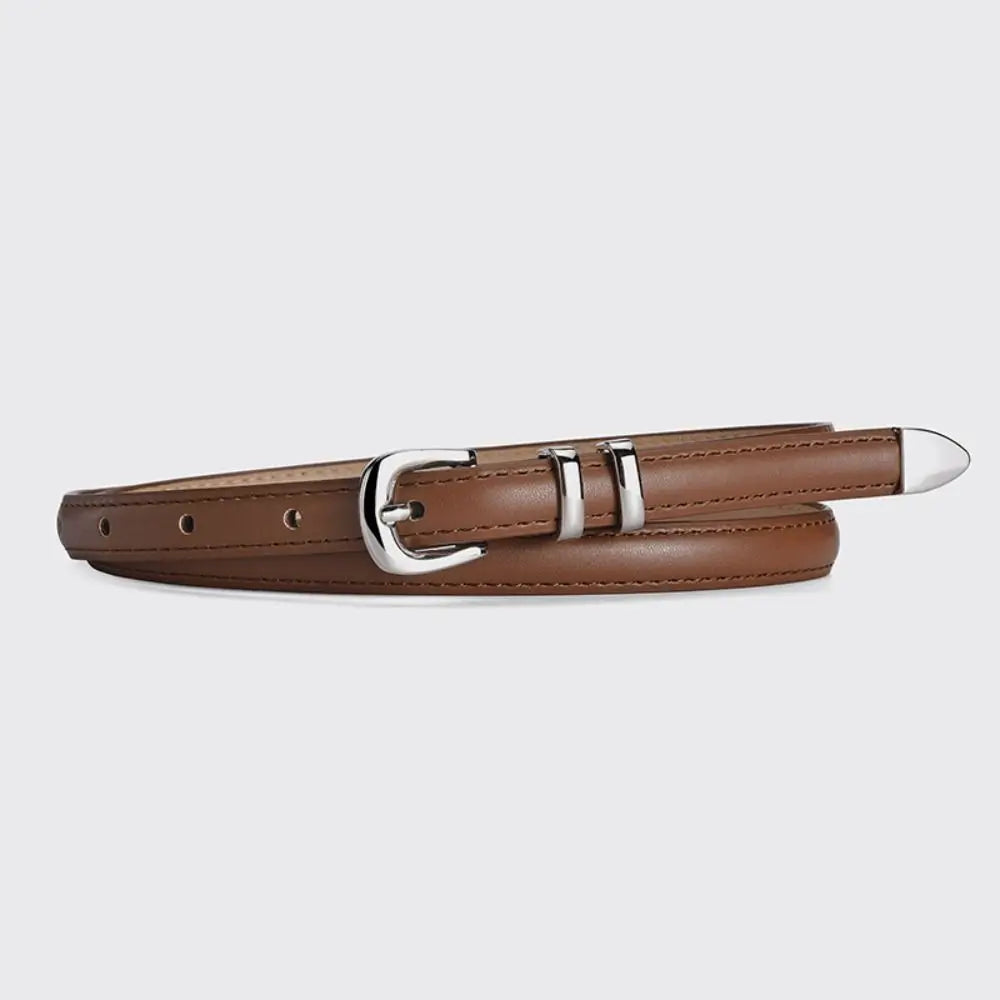 Thin PU Leather Belt with Silver Buckle