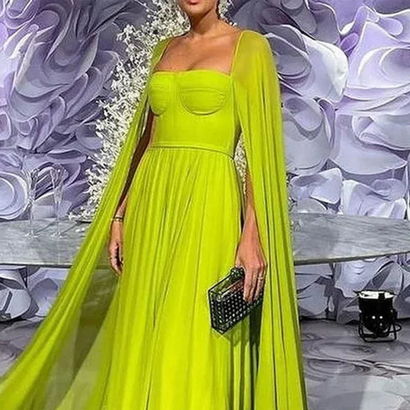 Wefads Maxi Dress Women Elegant Fashion Solid Cape Long Sleeve Square Neck Nipped Waist Backless Evening Party Dress Streetwear