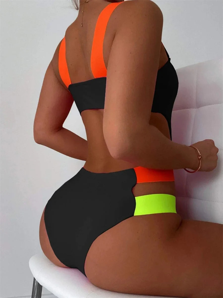 Sexy Black Contrast One Piece Swimsuit 2025 Women Neon Strap Hollow Out Backless Monokini Summer Bathing Suit Patchwork Swimwear