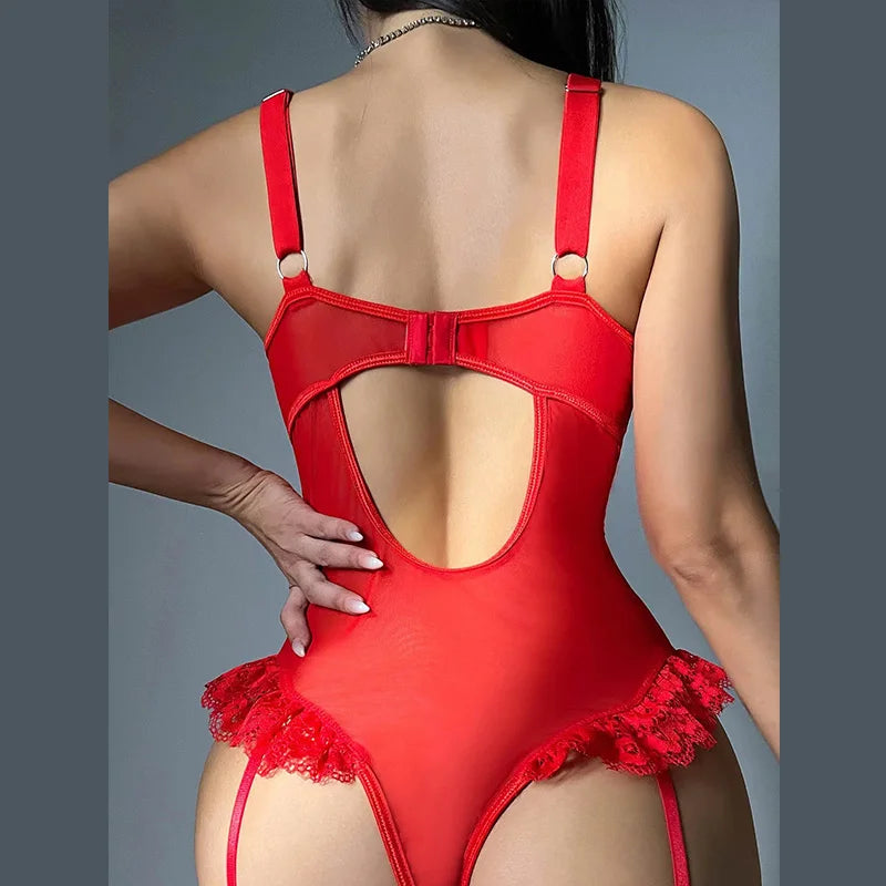 2PCS Red Floral Lace Garter Lingerie Set Erotic Underwear Bras Sets For Women Underwire Bra And Thongs Ladies Underwear Set