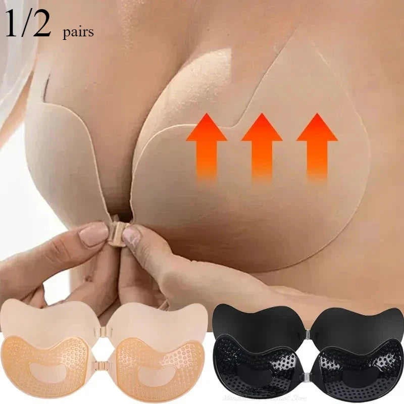 Invisible Push Up Bra for Women Backless Strapless Bra Seamless Front Closure Bralette Underwear Silicone Self-Adhesive Bra Pad