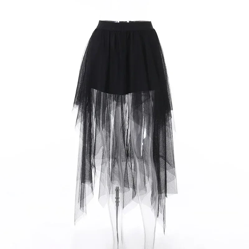 Casual Skirts Punk Sexy Net Yarn High-Waisted Irregular Skirt for Women Summer New European and American Gothic Style Versatile