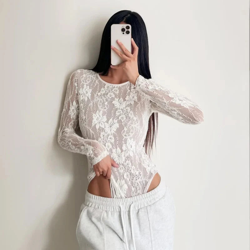 Women's Crew Neck Double Layer Long Sleeved Lace Bodysuit