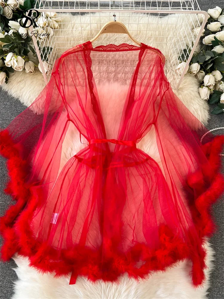 SINGREINY Female Sheer Shapewear Robes Fashoin Long Sleeve Plush Spliced Thin Lingerie Women Lace Up Erotic Midi Long Sexy Robes