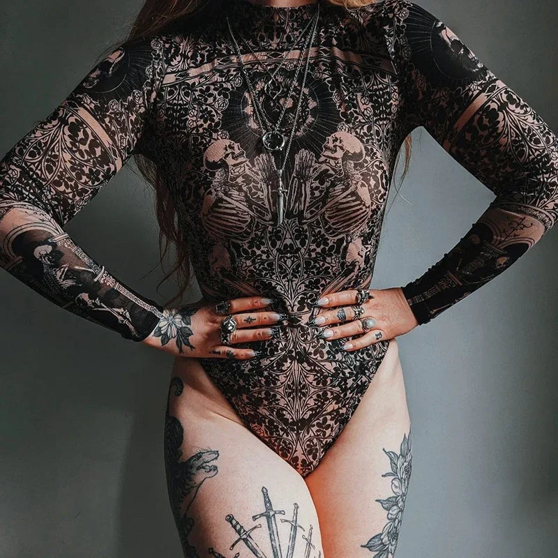 Gothic Print Naked See Through Bodycon Jumpsuits Y2K Lace Mesh Long Sleeve Slim Bodysuits Women Summer T-Shirts Tops Streetwear