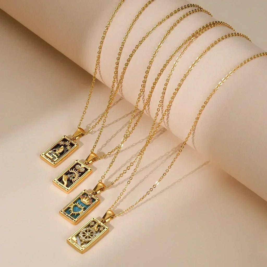 YILUOCD Original Zirconia Tarot Card Necklace Classic Tarot Queen Lover Magician Moon Wealth Amulet Stainless Steel Jewelry