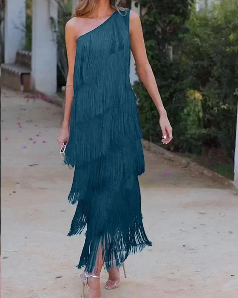 Spring and Summer New Fashion Fringed Slanted Shoulder Asymmetrical Dress for Women