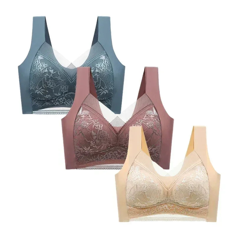 FallSweet 3PCS Lace Push Up Bras for Women Sexy Wireless Bra Ice Silk Deep V Bralette Tops Female Lingerie Mom's Underwear L-5XL