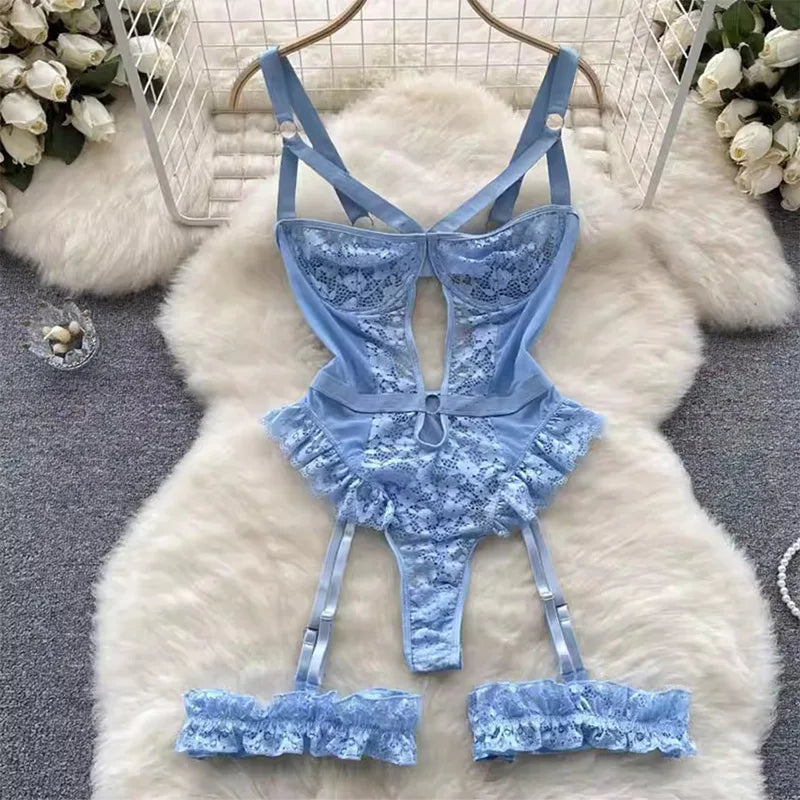 2PCS Red Floral Lace Garter Lingerie Set Erotic Underwear Bras Sets For Women Underwire Bra And Thongs Ladies Underwear Set