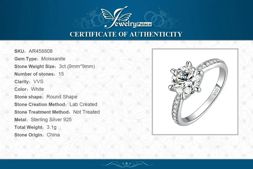 JewelryPalace Moissanite D Color 0.5ct 1ct 1.5ct 2ct 3ct Round S925 Sterling Silver Wedding Engagement Ring for Women