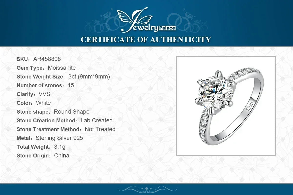 JewelryPalace Moissanite D Color 0.5ct 1ct 1.5ct 2ct 3ct Round S925 Sterling Silver Wedding Engagement Ring for Women