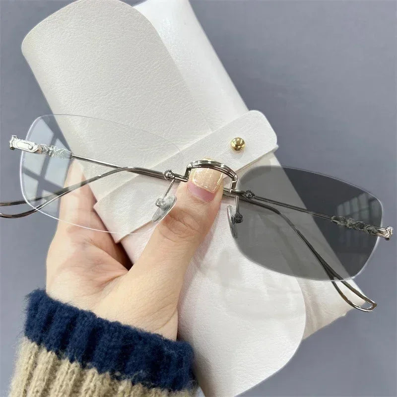 New Fashion Photochromic Myopia Glasses Vintage Rimless Square Women Men Anti Blue Light UV Sunglasses Optical Diopter Eyewear
