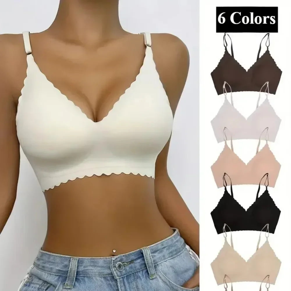 Hot Sale 6 Colors New Ice Silk Underwear Comfy Bra WireFree Padded Wavy Edge Invisible Yoga Wear Ladies Bra Seamless Women Bra