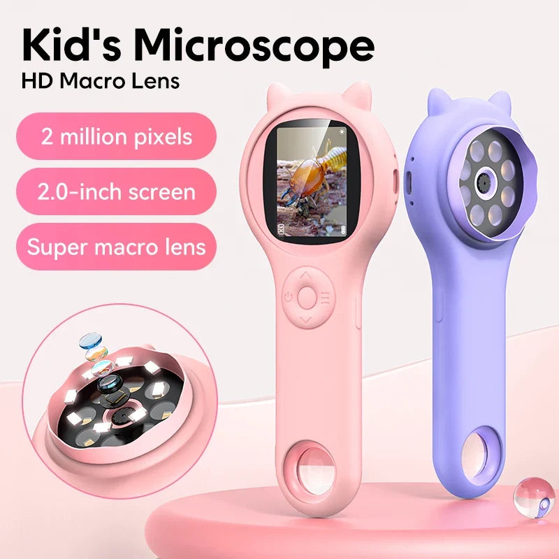 Kids Digital Microscope 200MP with Photo & Video, 500x Magnification, 2.0-inch (5.08 cm) IPS Screen, 8 LEDs, Rechargeable Educational Science Toy