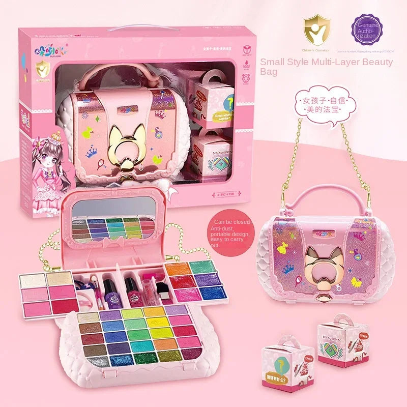 Kids Makeup Kit Pretend Play Cosmetic Set with Cat-Ear Bag Mirror Washable Non-Toxic Toy Birthday Gift for Girls