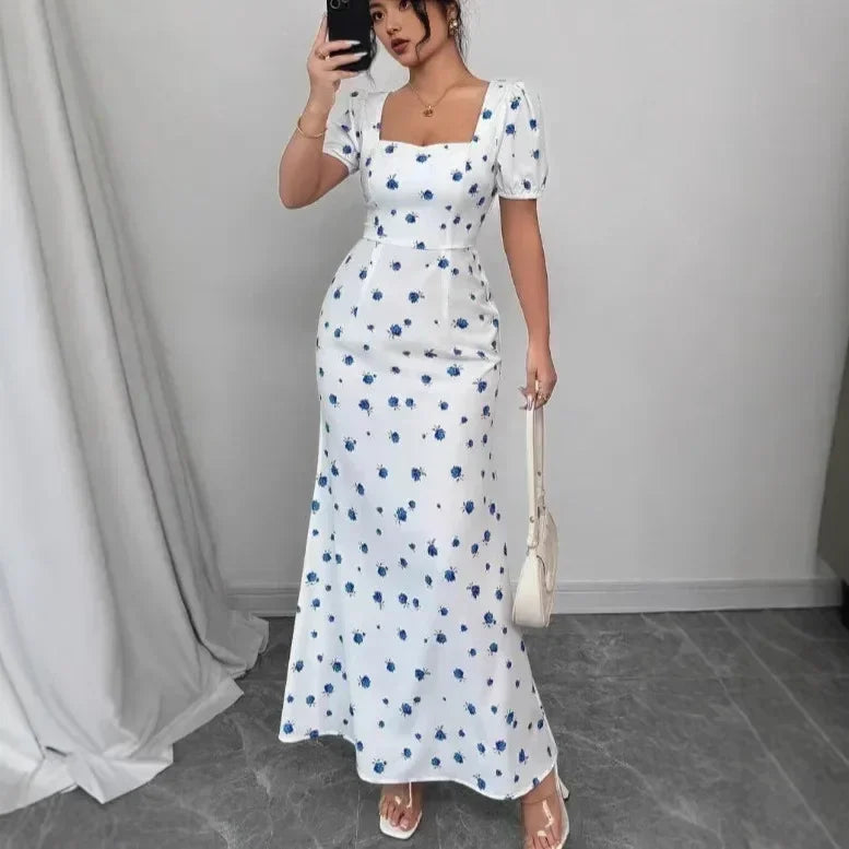 Elegant Short-sleeved Dress For Women Spring Summer Fashion Printing Waist-tightening Patchwork Loose Casual Dresses Female