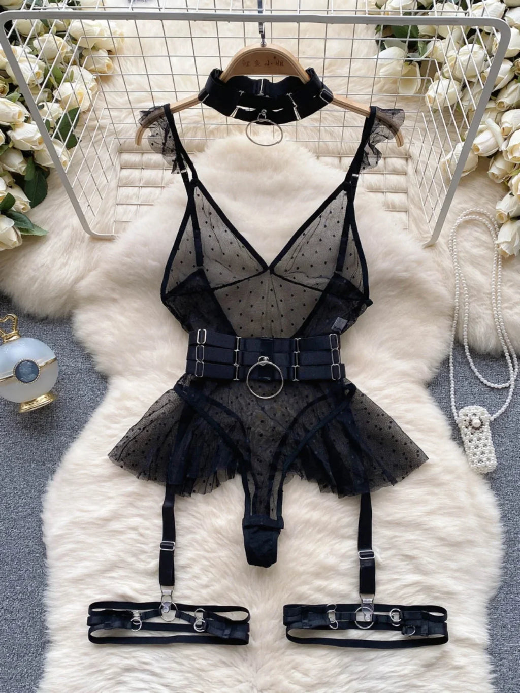 ssTss Ins trendy Girl Sexy Mesh Bottom Strap V-neck one-piece Top bodysuit women's Slimming Waist Ruffle Hemp Vest Jumpsuit