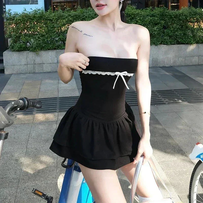 WhereMery Korean Sexy Mini Dress Y2K Sleeveless Bow Lace Playful Summer Tank Dresses Nightclub Party Playful Evening Dresses