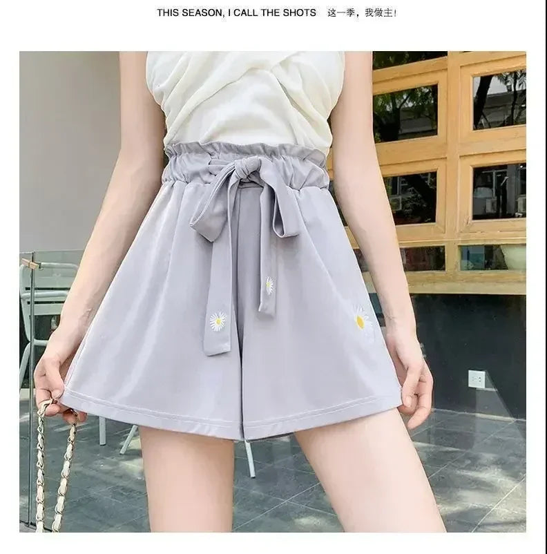 Summer Lightweight Black Casual Sports Pants Women Student Loose High-Waist Wide-Leg Shorts