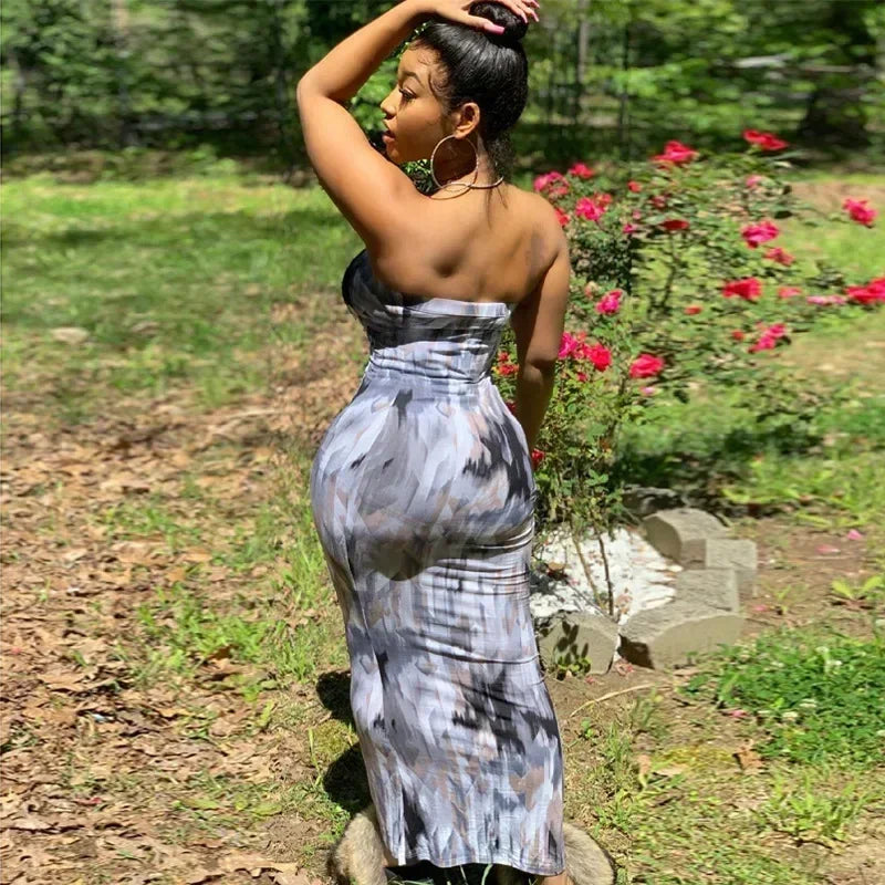 Spring And Summer Dresses For Women Chest Wrap Printed Off Shoulder Bandage Slim Sexy Long Dress 2023 New Fashion party MsChuh