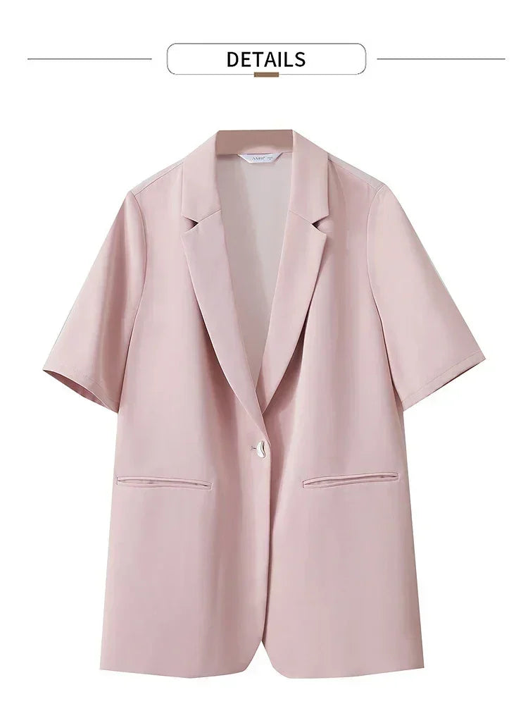 Amii Women's Top Minimalist 2025 Summer New Notched Lapel Contrast Material Patchwork One Button Short Sleeve Blazer 12542081