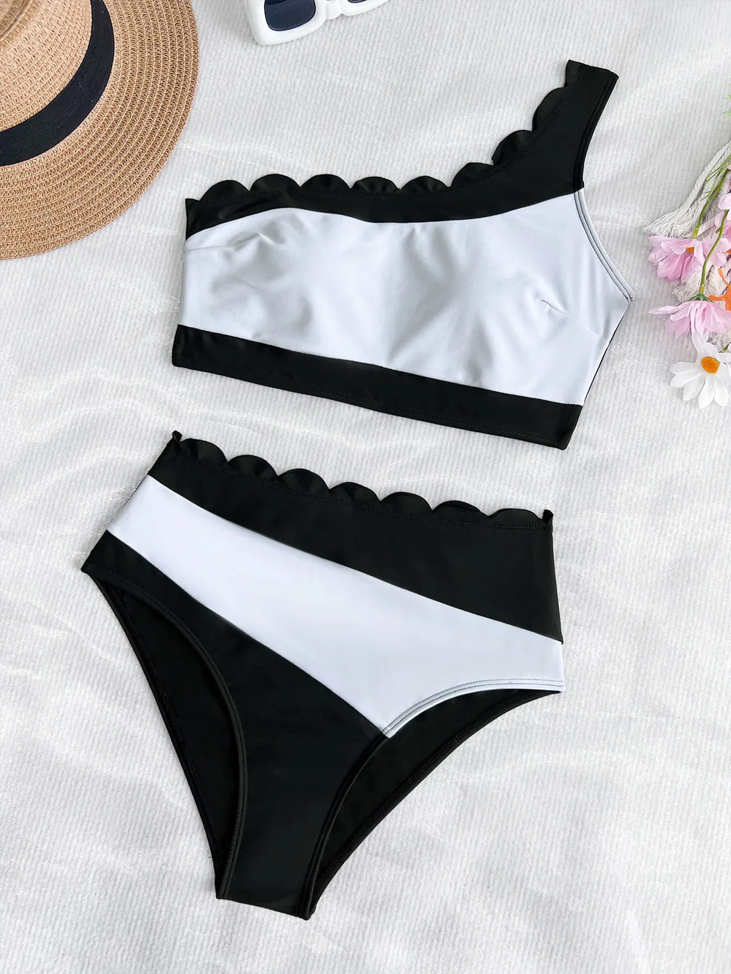Sexy Black White Patchwork Bikini Women Ruffles One Shoulder Push Up High Waist Swimsuit Summer Bathing Suit Vacation Swimwear