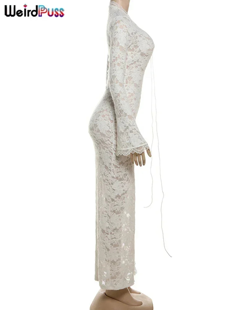 Weird Puss Embroidery Ruffles Dress Women Sexy Deep V-Neck Slits See Through Solid Tassel Petal Cuffs Street Elegance Vestidos