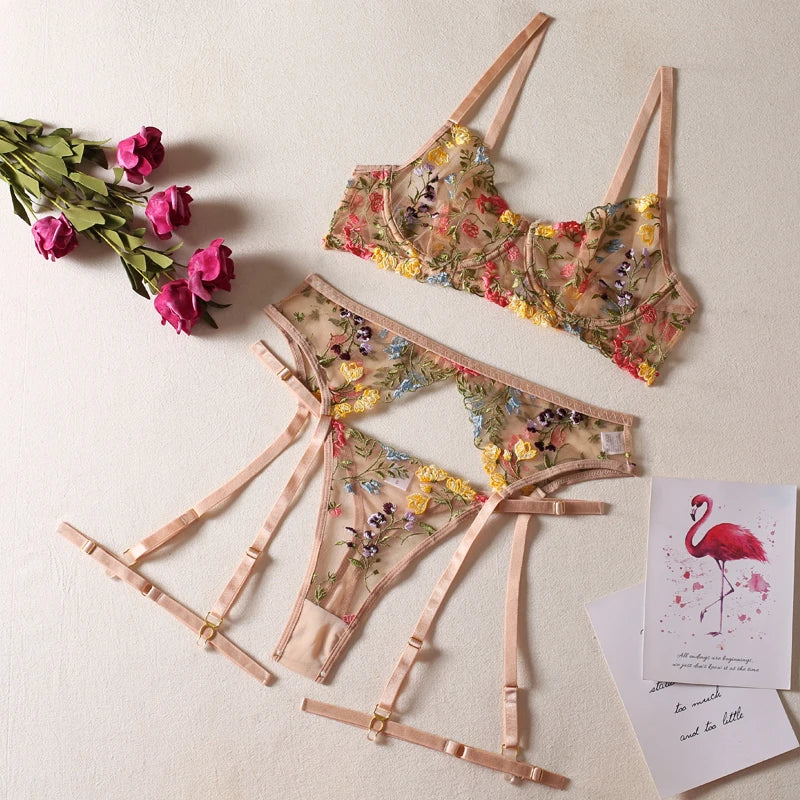 HIMEALAVO Lingerie Sensual Lace Underwear Transparent Embroidery 3-Piece Garters Fancy Beautiful Short Skin Care Kits Intimate