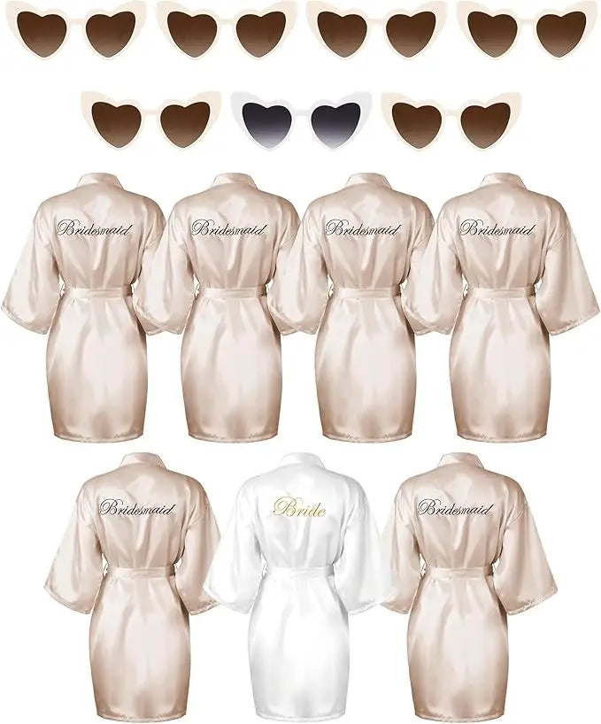 7 Pcs Bride Bridesmaid Robe Sets for Wedding Bridal Party Satin Robes Maid of Honor Robe with Heart Shaped Sunglasses