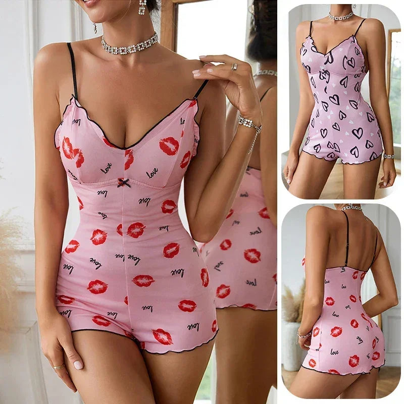 Women's Pajamas One Piece Pajamas Red Lip Printed Sleeveless Pijama Short Onesie Adults V-Neck Suspenders Funny Pajamas Bodysuit