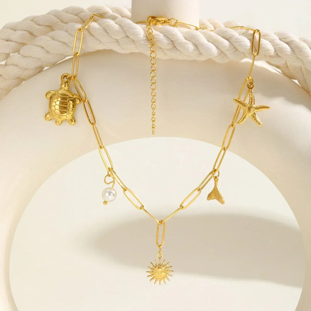 18k Gold Plated Pearl Shell Conch Starfish Summer Beach Necklace, Charms Necklace for Women,Stainless Steel Waterproof Jewelry
