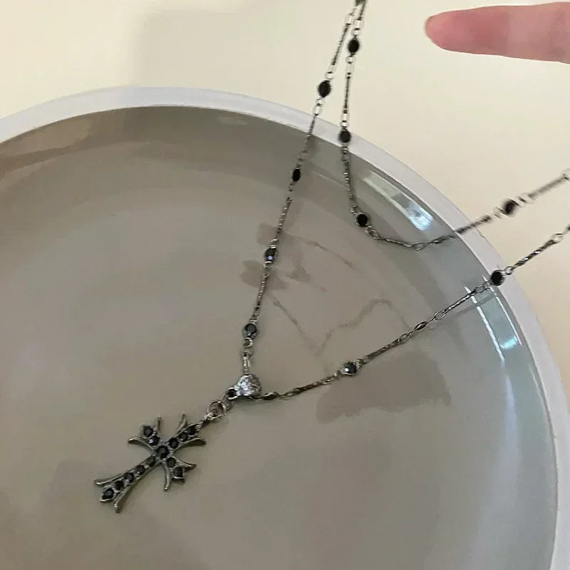 Summer Black Rhinestone Cross Jesus Pendant Choker Necklace for Women Punk Vintage Double Layers Chain 2024 Neck Boho Jewelry