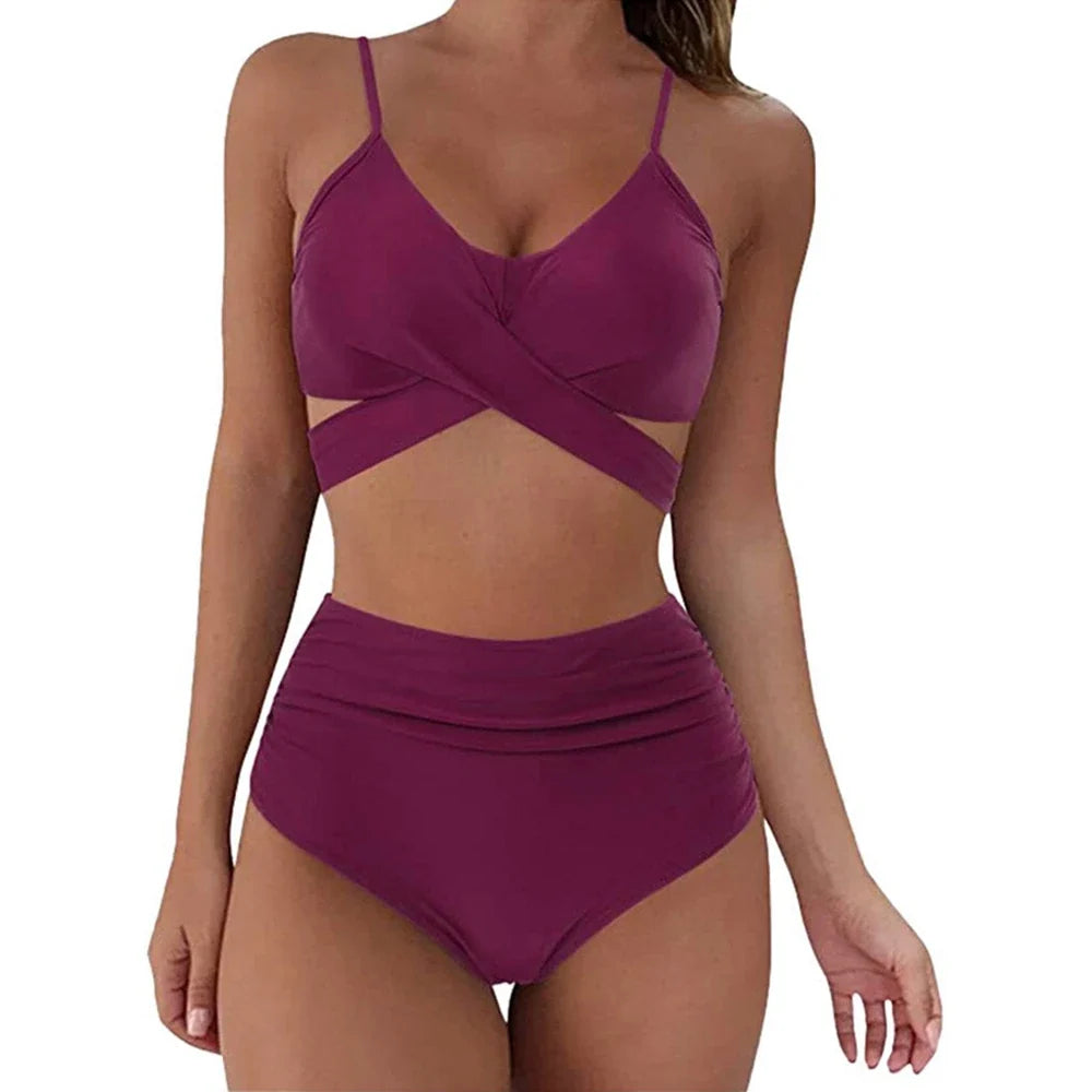 Hot 12 Colors Women Slim Bikini Sets High Waisted Sexy Swimwear 2 Pieces 2025 Solid/Floral Ruched Brazilian Swimsuit Cross Front
