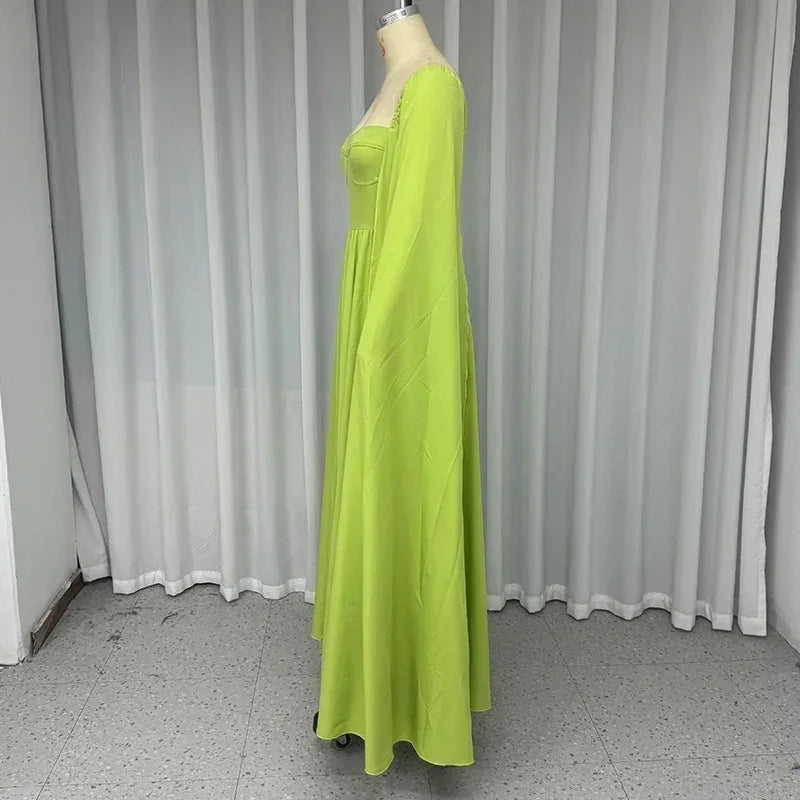 Wefads Maxi Dress Women Elegant Fashion Solid Cape Long Sleeve Square Neck Nipped Waist Backless Evening Party Dress Streetwear