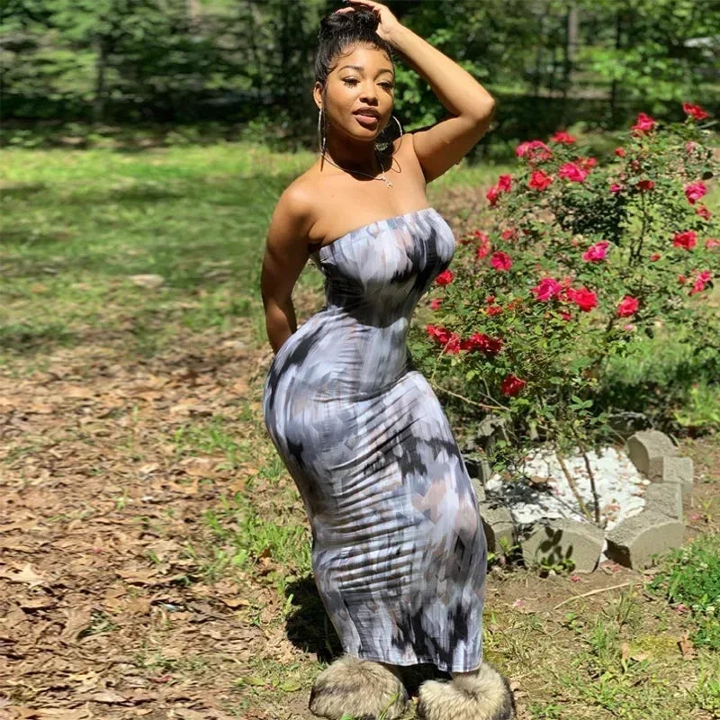 Spring And Summer Dresses For Women Chest Wrap Printed Off Shoulder Bandage Slim Sexy Long Dress 2023 New Fashion party MsChuh