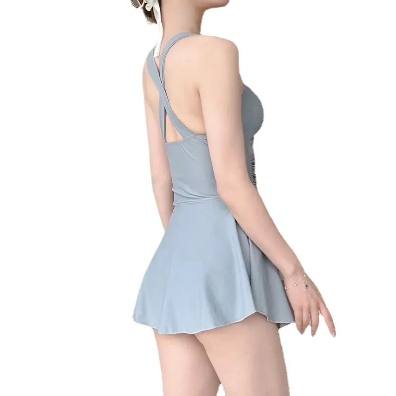 Swimming Suit for Women Solid Color Slimming One-piece Dress Style Conservative Waist Tightening Slimming Vacation Swimsuit