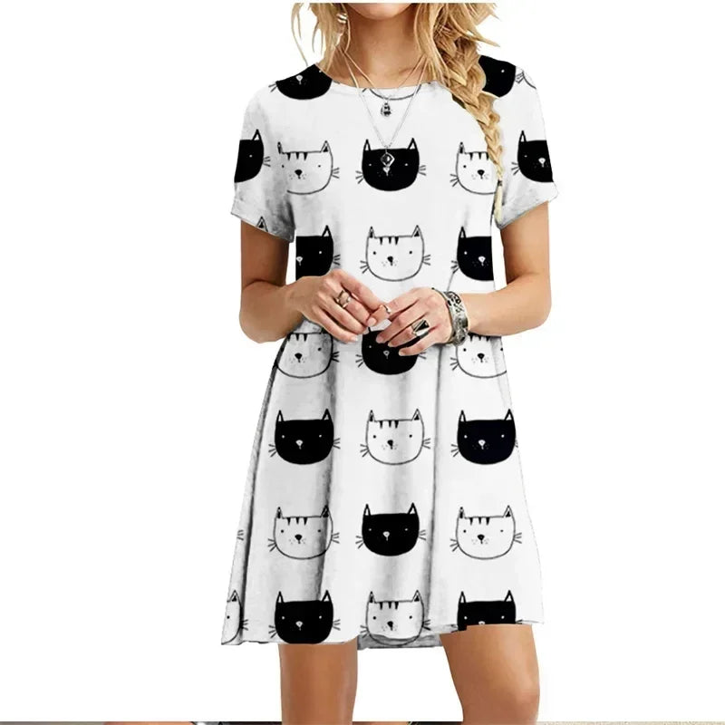Painted Patters Cats Print Dress Short Sleeve Kawaii Women Dresses Summer For 2022 Fashion O-Neck Street Casual Loose Clothing