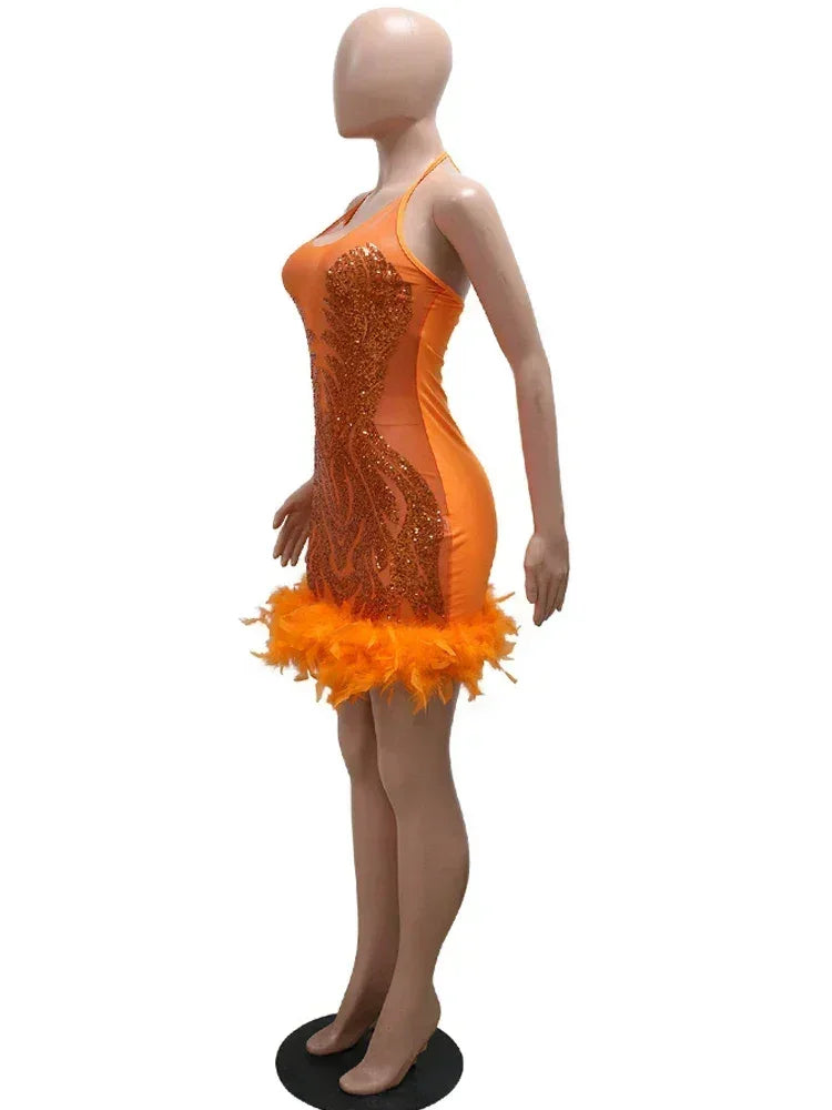 Beyprern Beautiful Mesh Sequin Feather Glam Dress Luxury Woman Party Dress Glitter Sleeveless Night Out Dresses Birthday Outfits