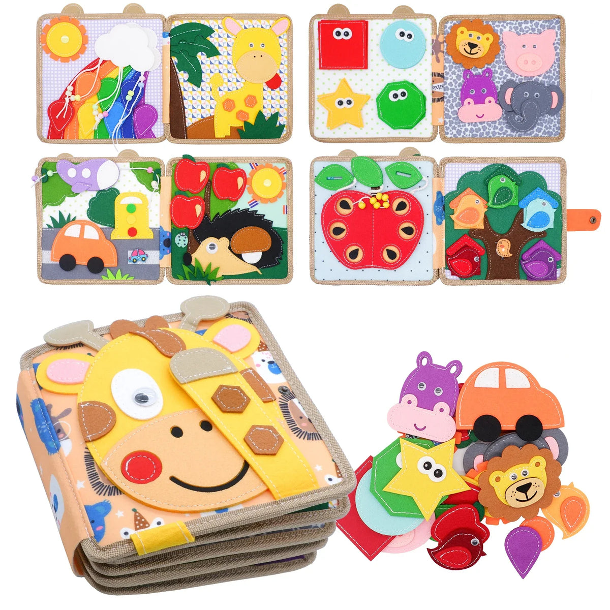 Montessori Busy Book for Kids - Color, Shape, Animal Cognition Early Education Toys, Giraffe Quiet Book, Fine Motor Skills Toys