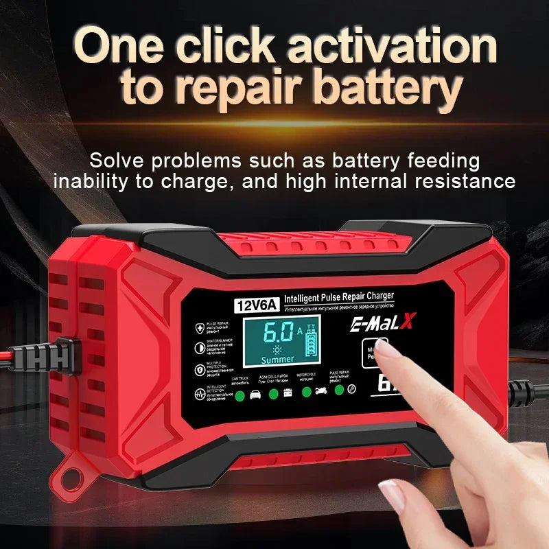 One-click pulse repair mode — press the mode button to activate battery repair