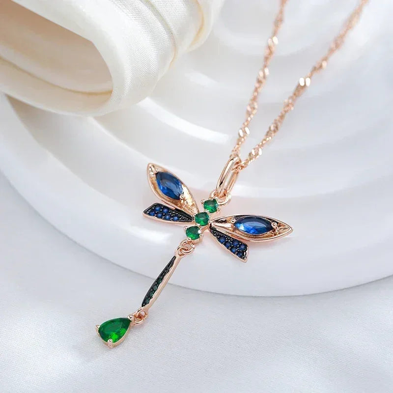 Kinel Hot Blue Natural Zircon Dragonfly Pendant Necklace For Women 585 Rose Gold and Black Plating Vintage Daily Fine Jewelry