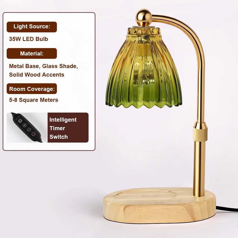 Retro Wooden Base Candle Warmer Lamp with Glass Shade & Timer