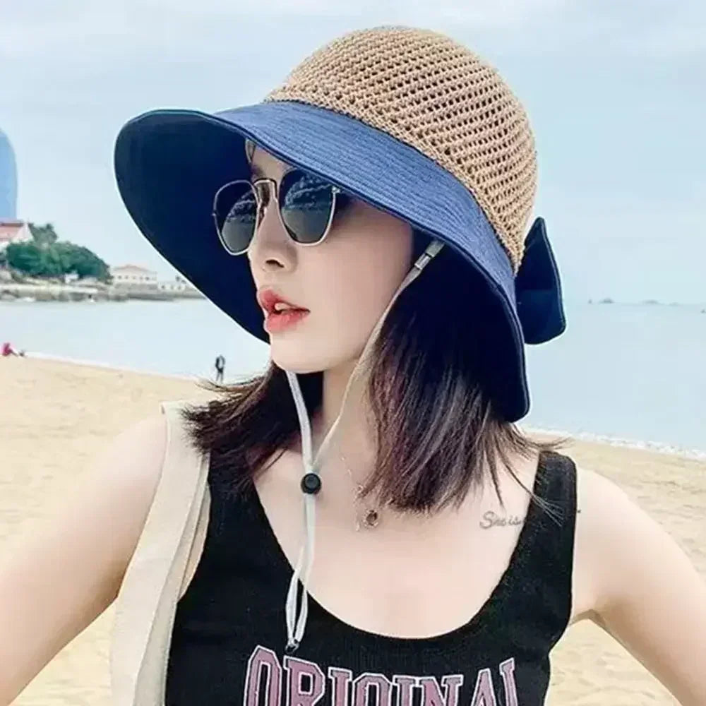 Summer Women Bucket Hat UV Protection Sun Hats Soft Foldable Wide Brim Outdoor Beach Hat Panama Cap Ponytail Cap
