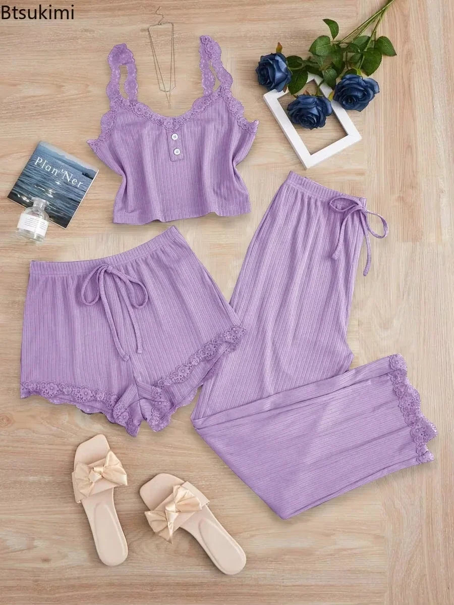 New 2025 Women's Summer 3PCS Pajama Sets Solid Vest Shorts and Pants Paired with Lace Splicing for Homewear Sexy Sleepwear Sets