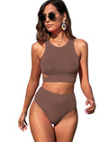 ZAFUL Women's Swimsuit High Waisted Bikini Sets Two Piece Swimsuit Scoop Neck Tank Side Cutout Midkini
