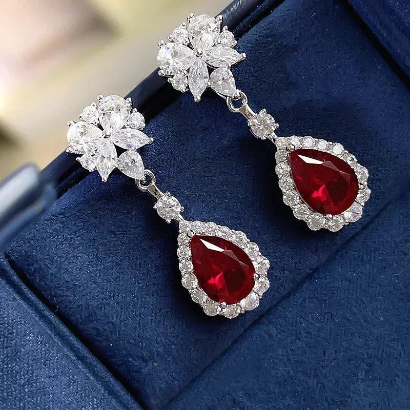 Huitan Brilliant Red CZ Drop Earrings for Women Gorgeous Attractive Creative Accessories for Engagement Charming Wedding Jewelry