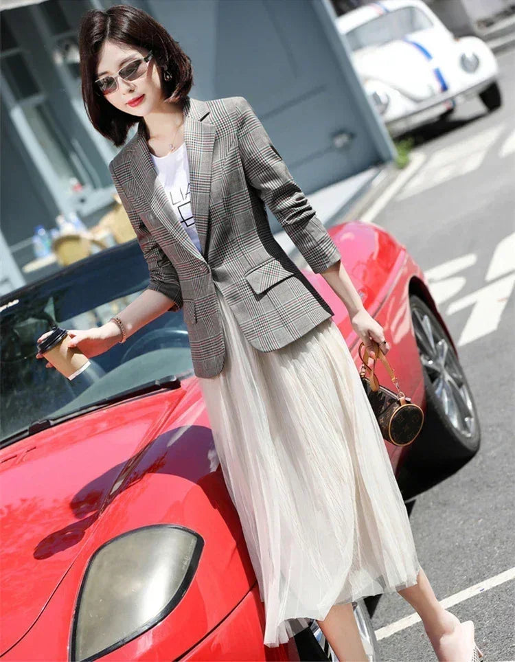 Gray Striped Plaid Blazer Jacket Women's Fashion Slim Coats V-Neck Single Button Ladies Blazers S-XXXXXL
