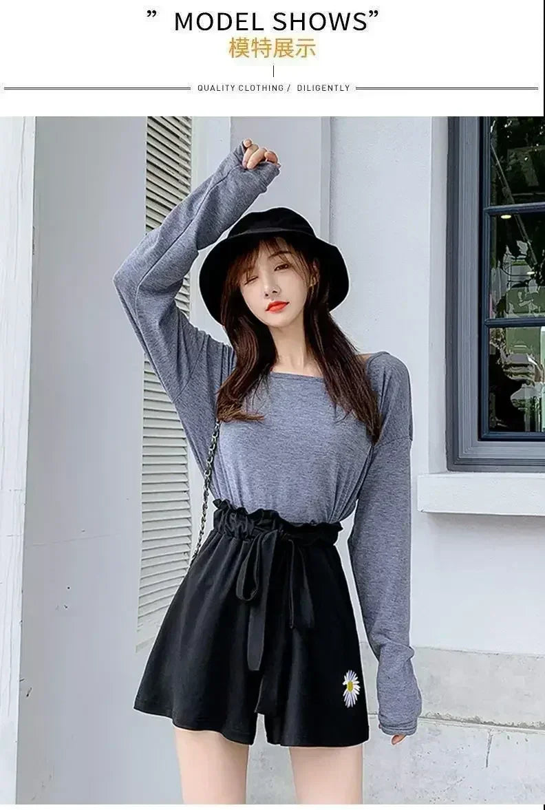 Summer Lightweight Black Casual Sports Pants Women Student Loose High-Waist Wide-Leg Shorts